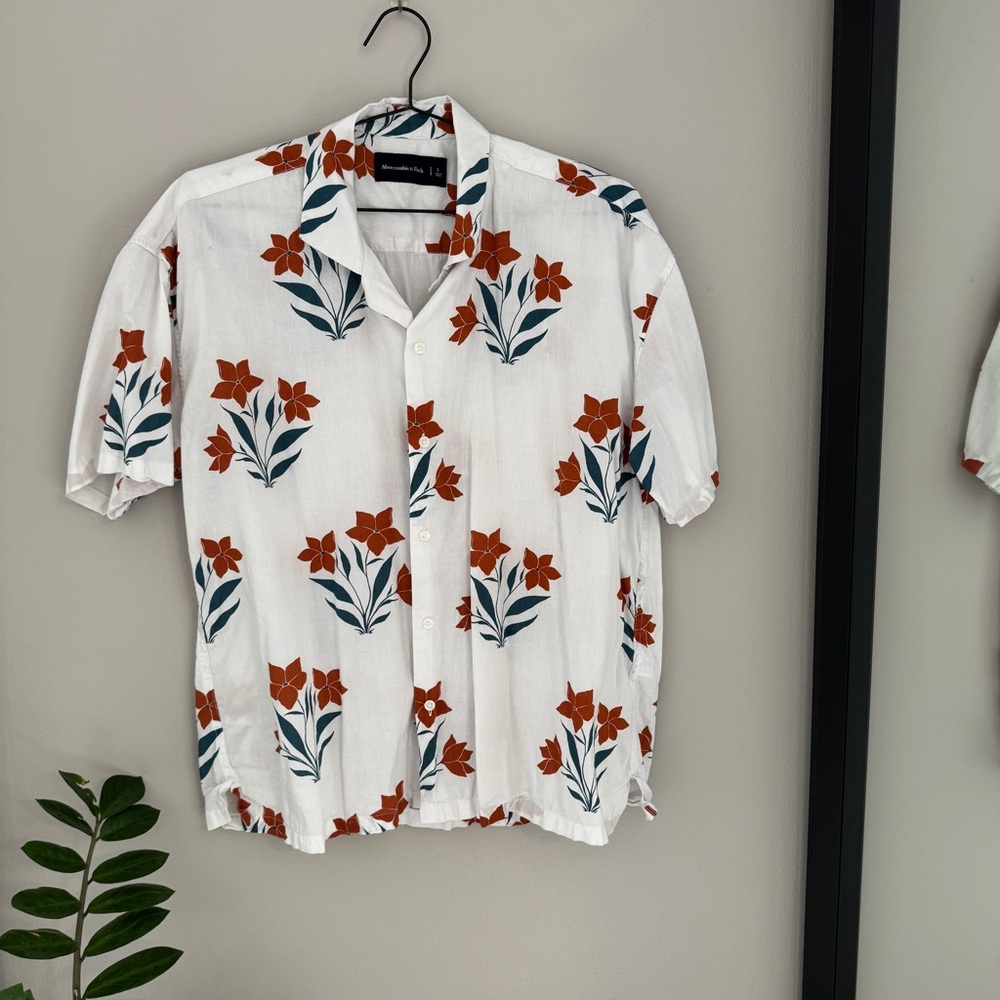 Abercrombie & Fitch Men’s Floral Camp Collar Shirt L White Orange Green